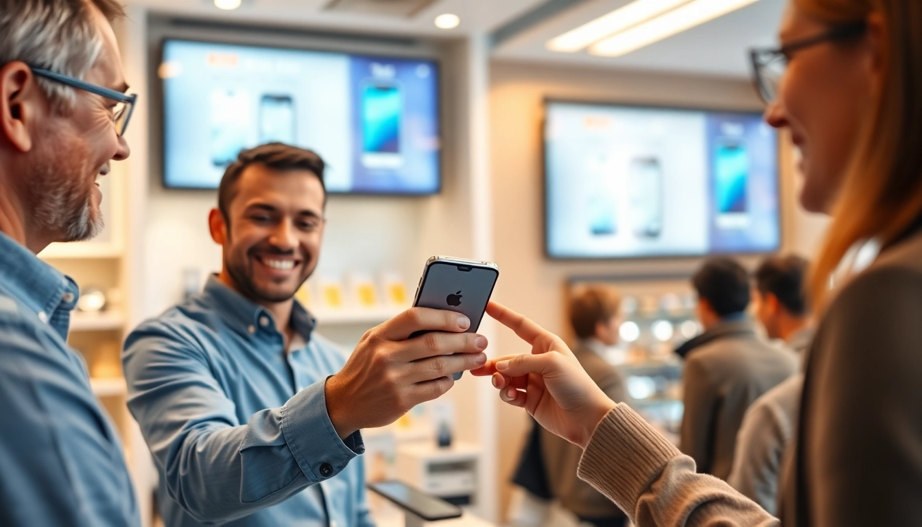 Cash For Your Phone service with a customer enthusiastically exchanging a smartphone.