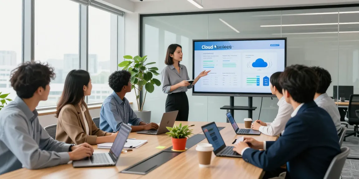 Team discussing a cloud based business phone system in a modern office.