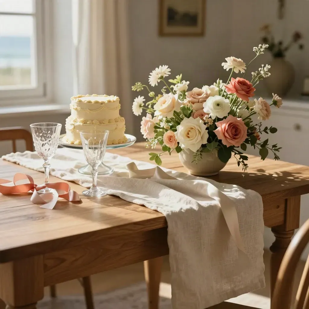 Sunlit birthday dessert table with cake stand, glassware, florals, and a linen runner