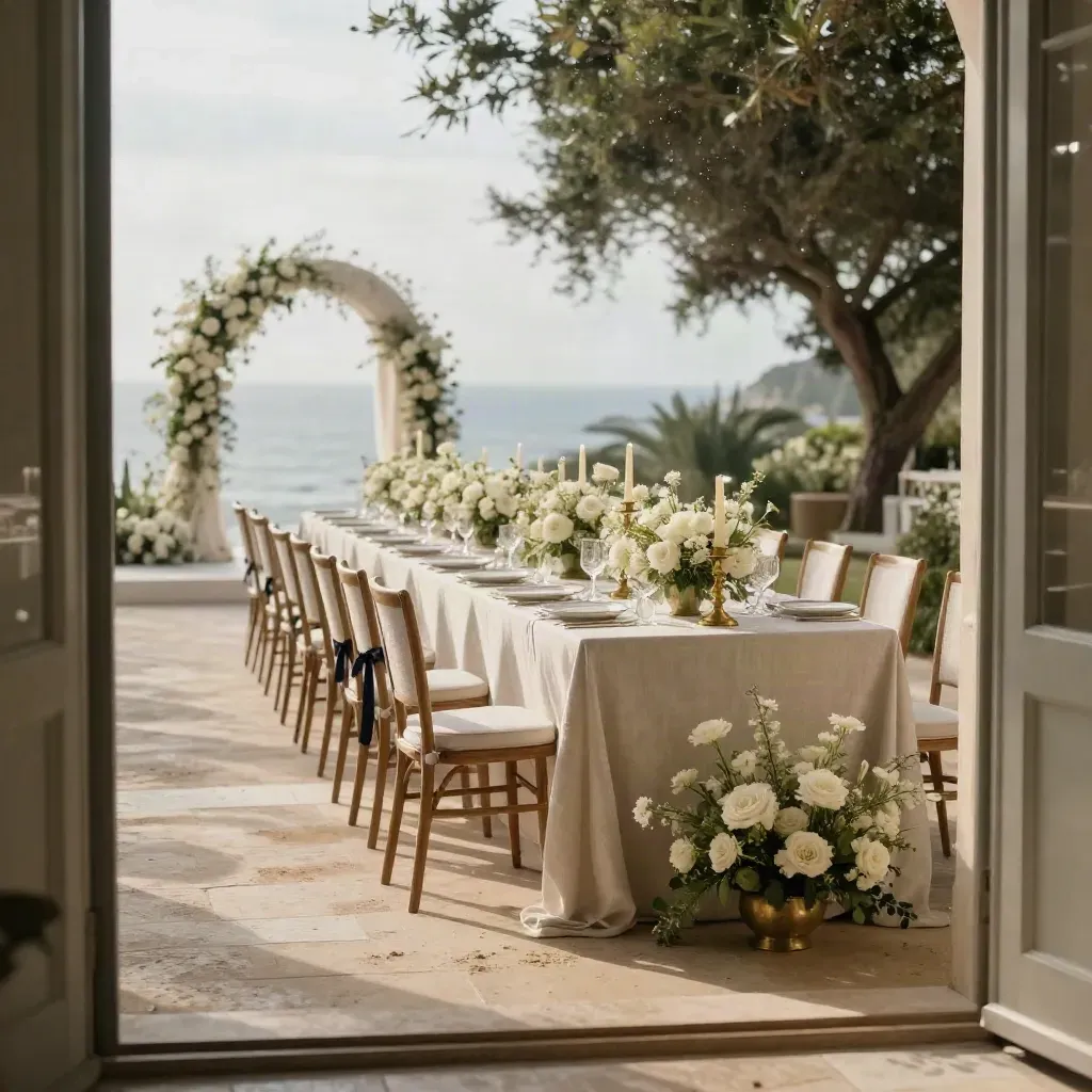 Coastal wedding reception room with linen table, ivory florals, brass candles and misty light