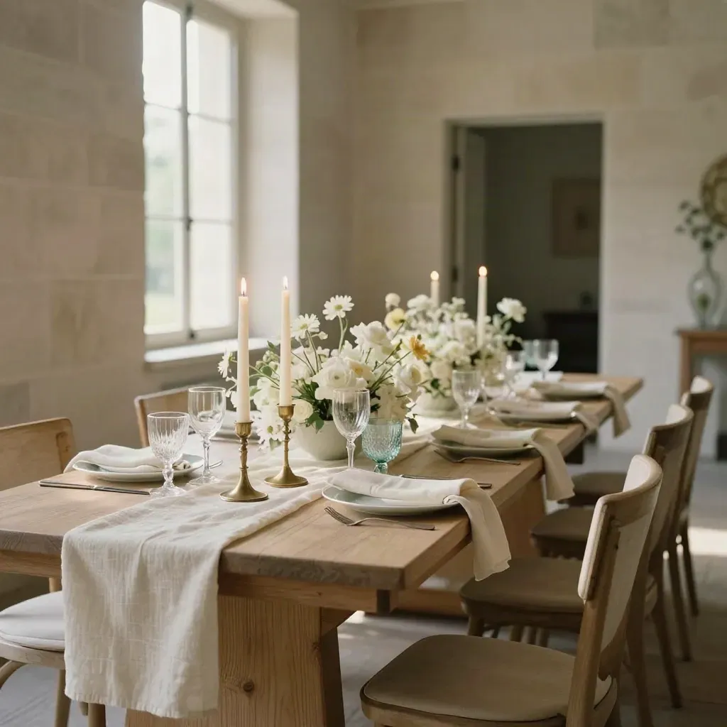 Styled wedding table in a bright venue, with ivory florals, brass candles and pale oak