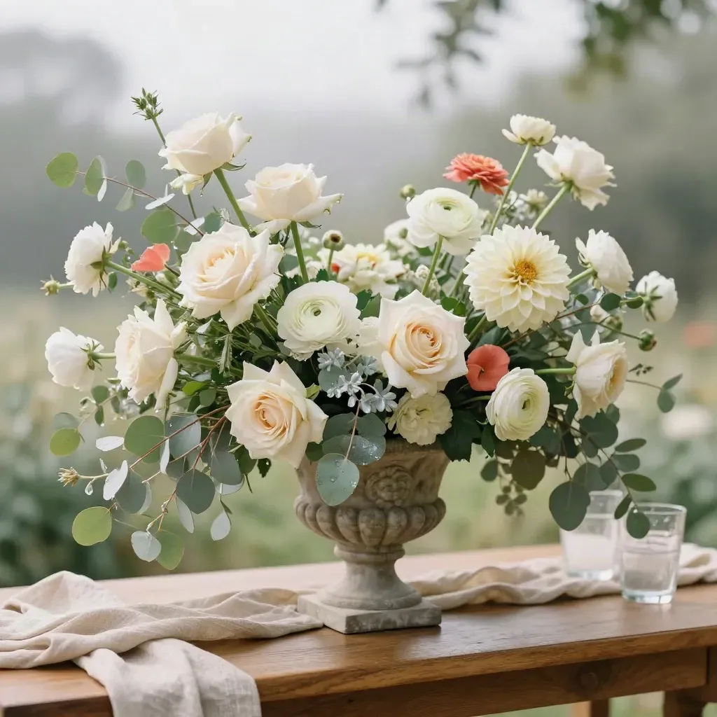 Cream rose and dahlia floral urn with eucalyptus, coral accents and dew in a coastal setting