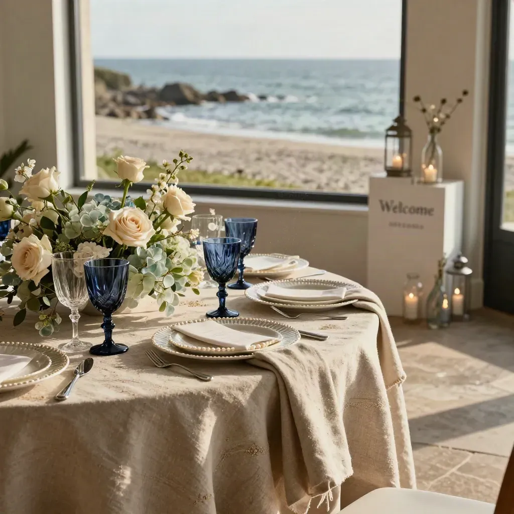 Navy and sand seaside birthday table with flowers and a bright welcome corner, empty and ready