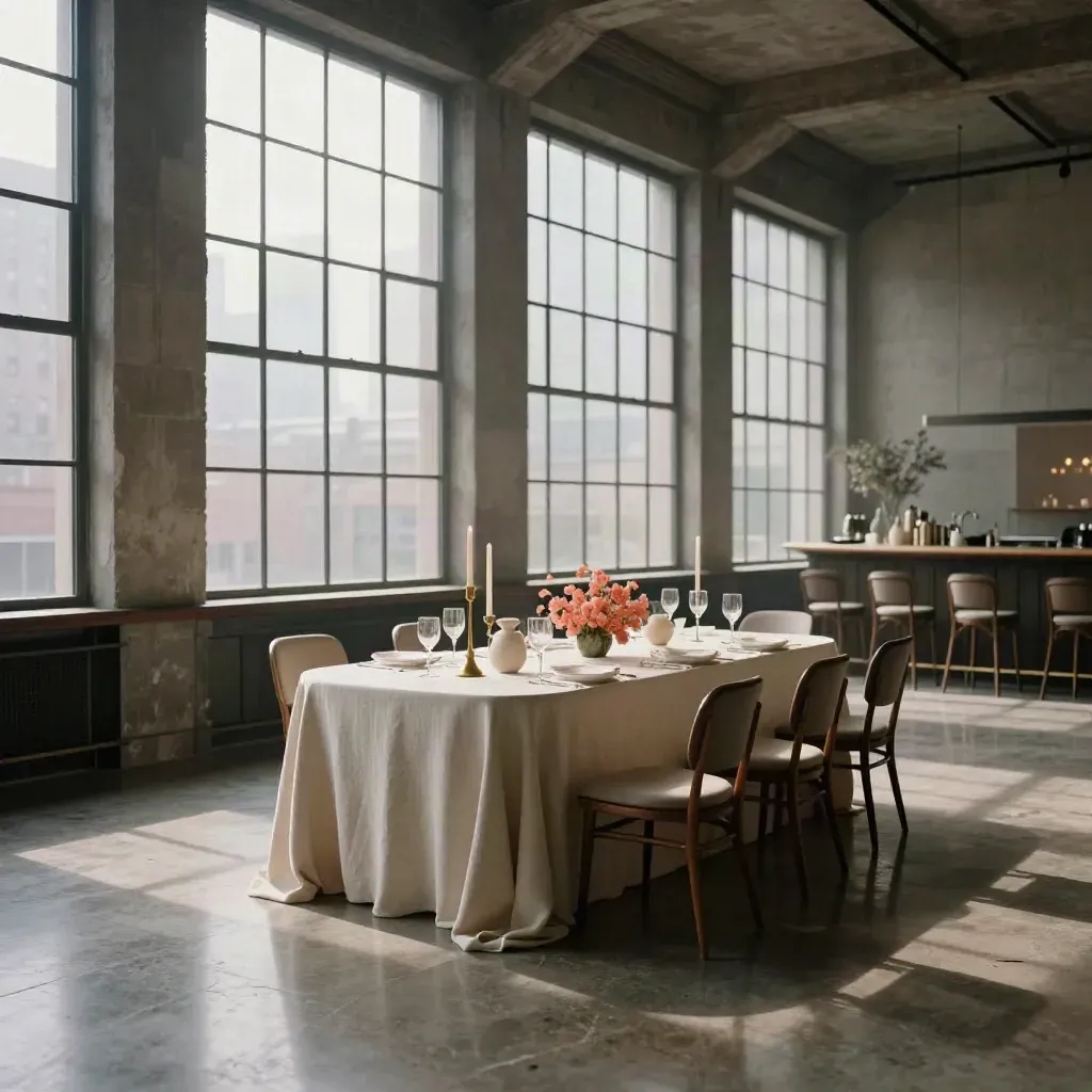 Elegant city venue dinner setup in a lofty windowed room with coral florals and stone floor.
