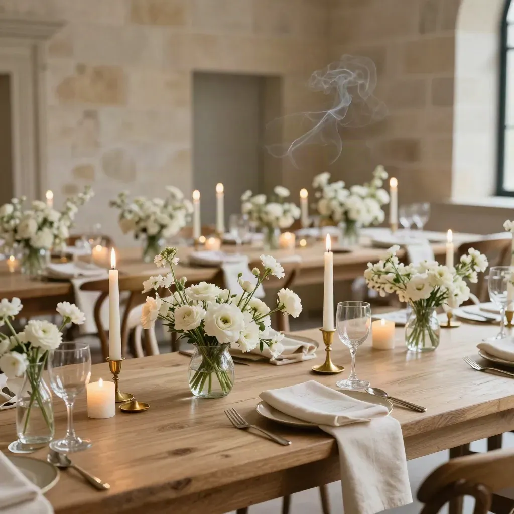 Compact wedding room glowing with white blooms, taper candles and stone walls.