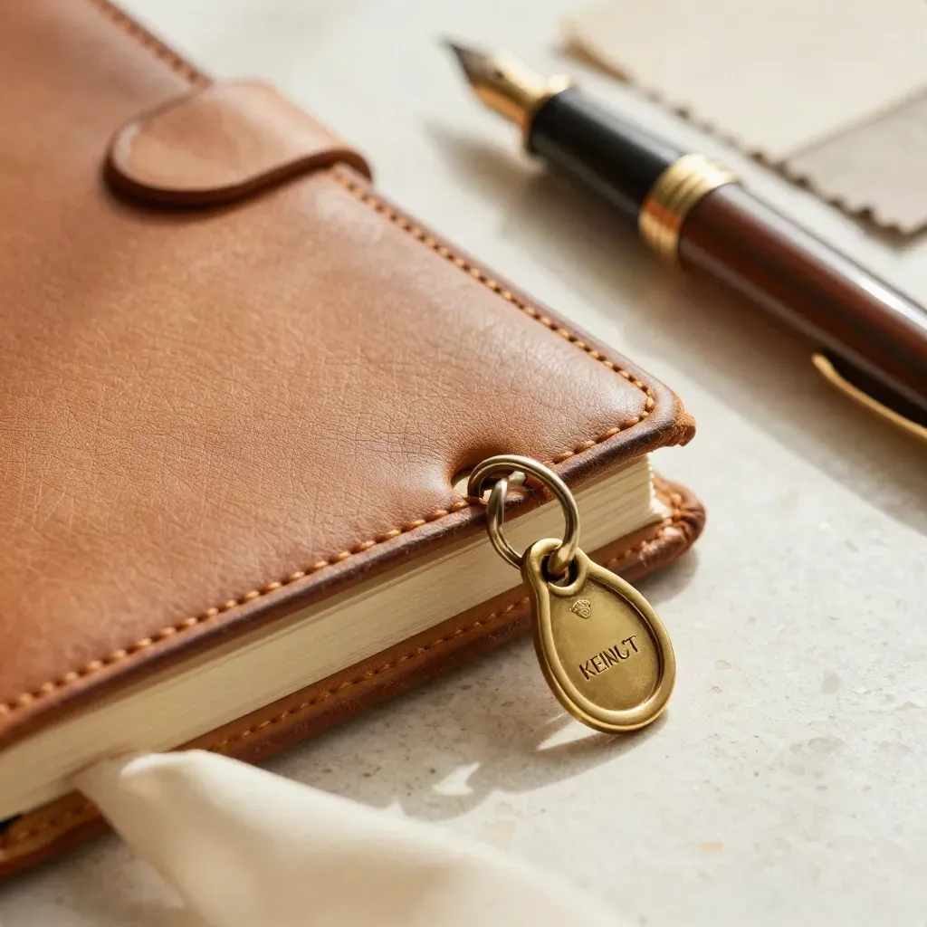 Macro still life of a leather day book, brass keyring, pen and linen sample board on travertine.