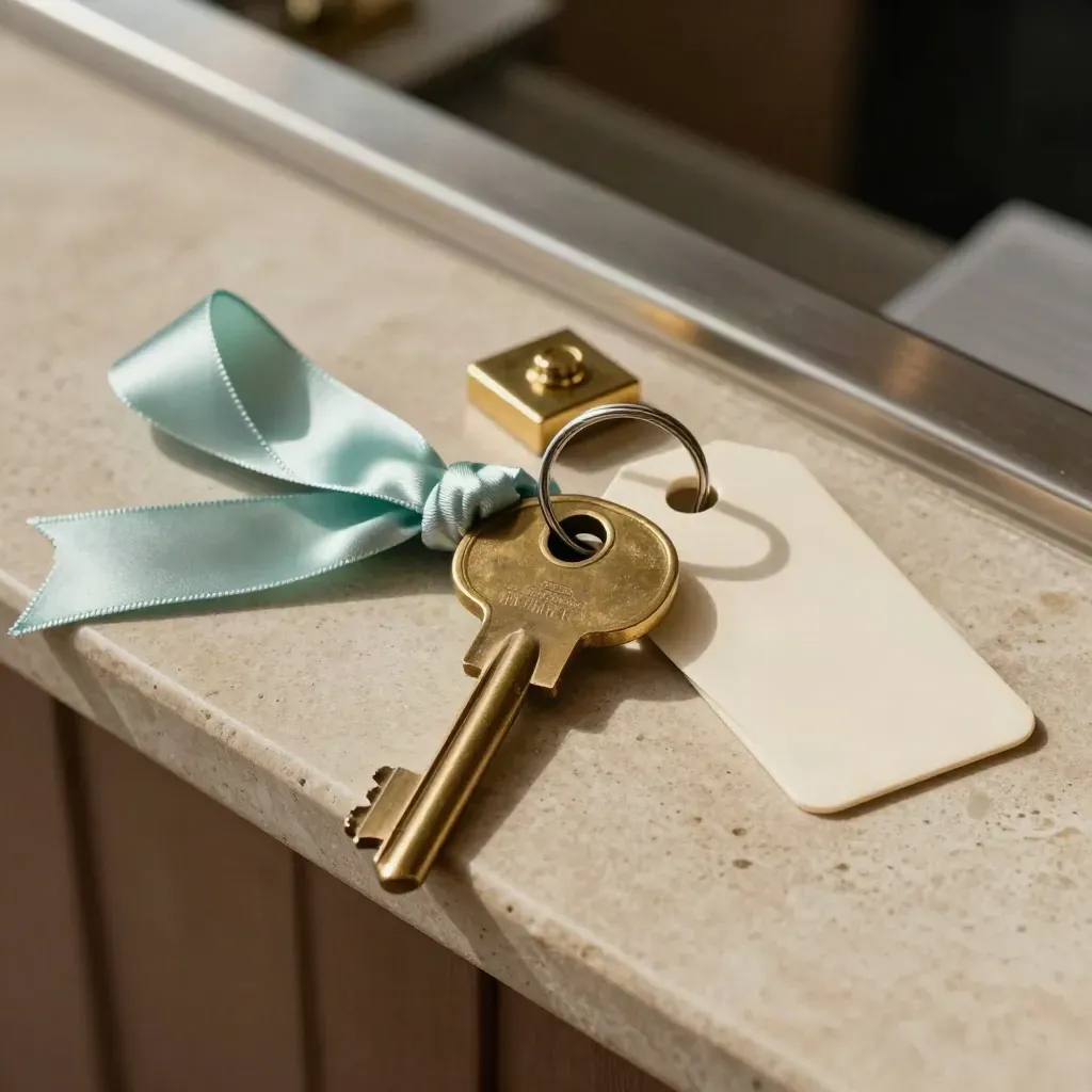 Macro of brass venue keys, seafoam ribbon, stamp and hotel tag on a stone ledge