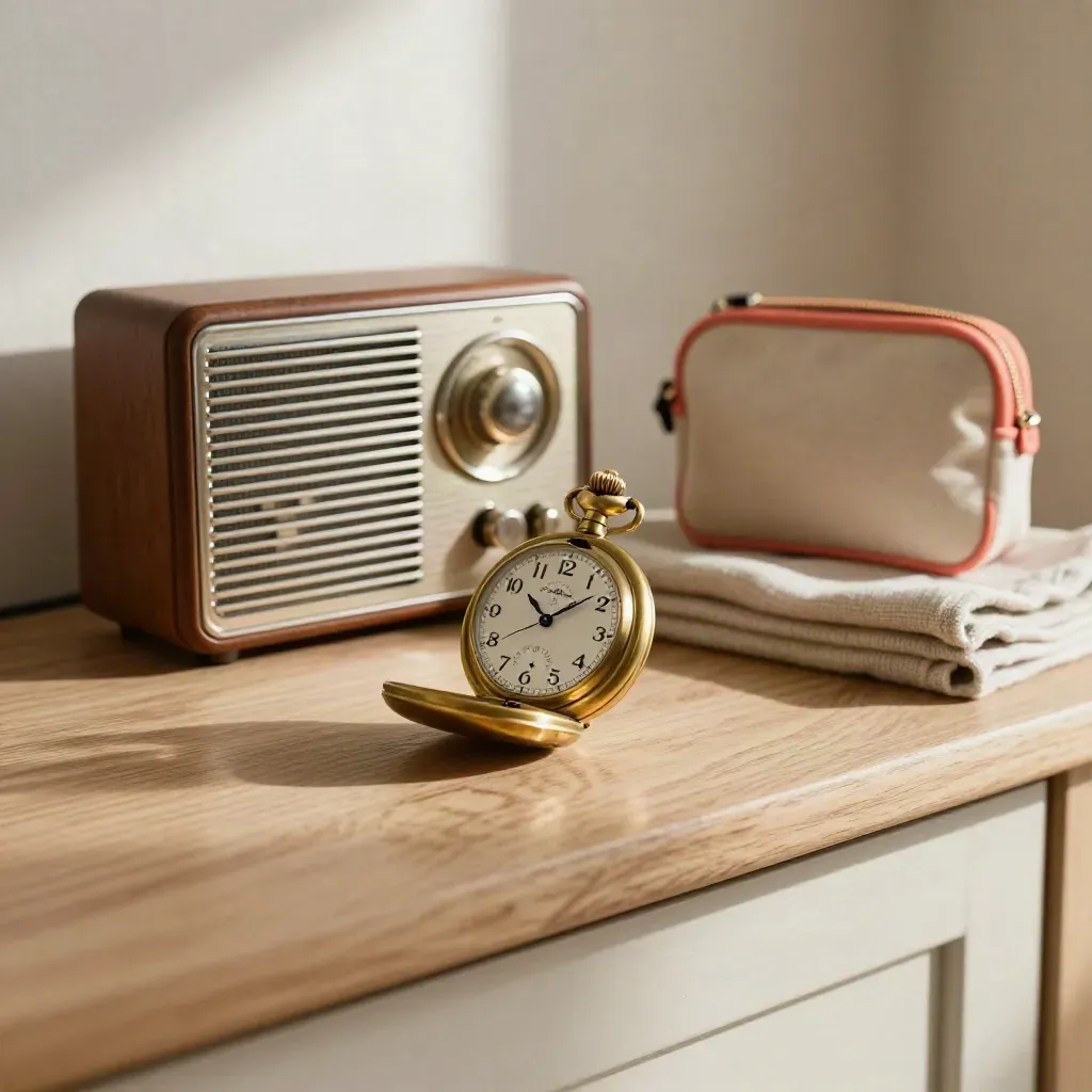 Macro still life of a brass watch, compact radio and emergency pouch on a doorway console