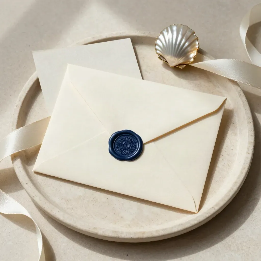 Cream envelope, wax seal, shell weight, folded card and ribbon on a stone tray.