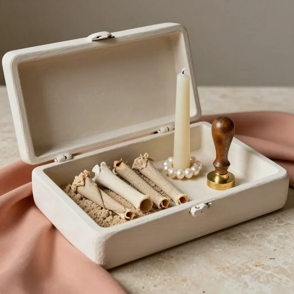 Sample box with linen swatches, taper candle, pearl ring and brass seal stamp on pale plaster.
