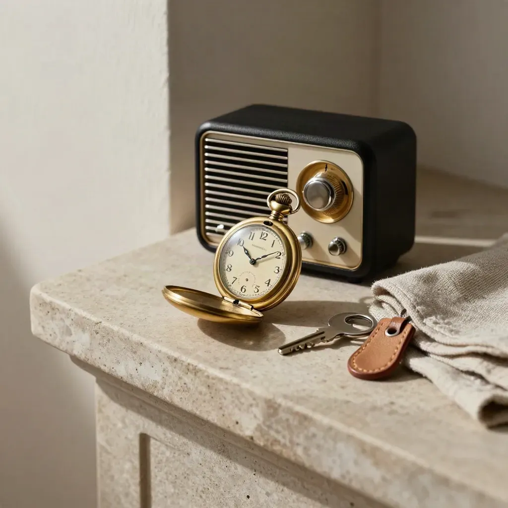 Brass watch, compact radio, key and folded linen on a pale stone ledge.