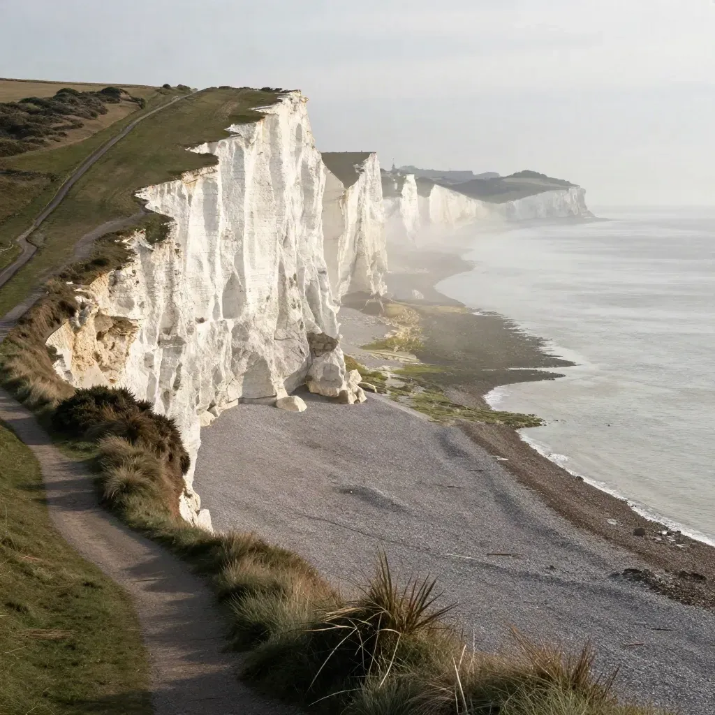 White chalk cliffs above a misty shingle bay and silver sea in South East England