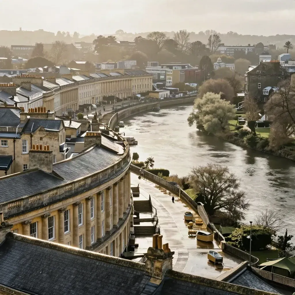 Bath stone terraces above a glowing river bend in South West England after rain