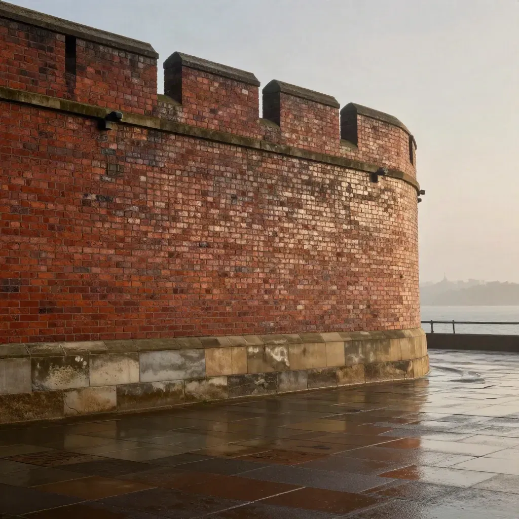 Rain-darkened North West brick and sandstone skyline above a calm misty copy area.