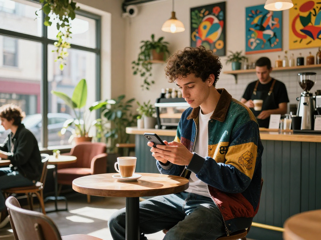 nsfw-themed urban lifestyle scene featuring a young adult enjoying coffee in a trendy café
