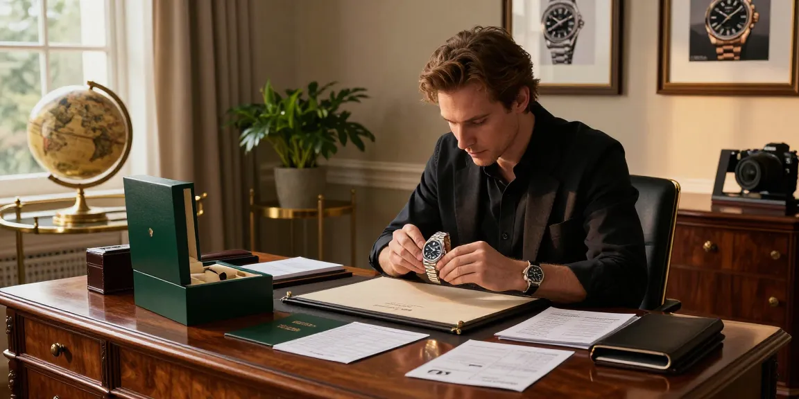 Rolex replica watch being examined in a luxurious home office setting, showcasing elegance and detail.